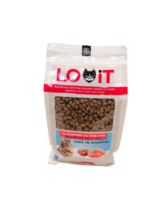 Συσκευασία 700g πλήρους ημίυγρης τροφής Lovit για στειρωμένες γάτες με γεύση τόνο με κοτόπουλο
