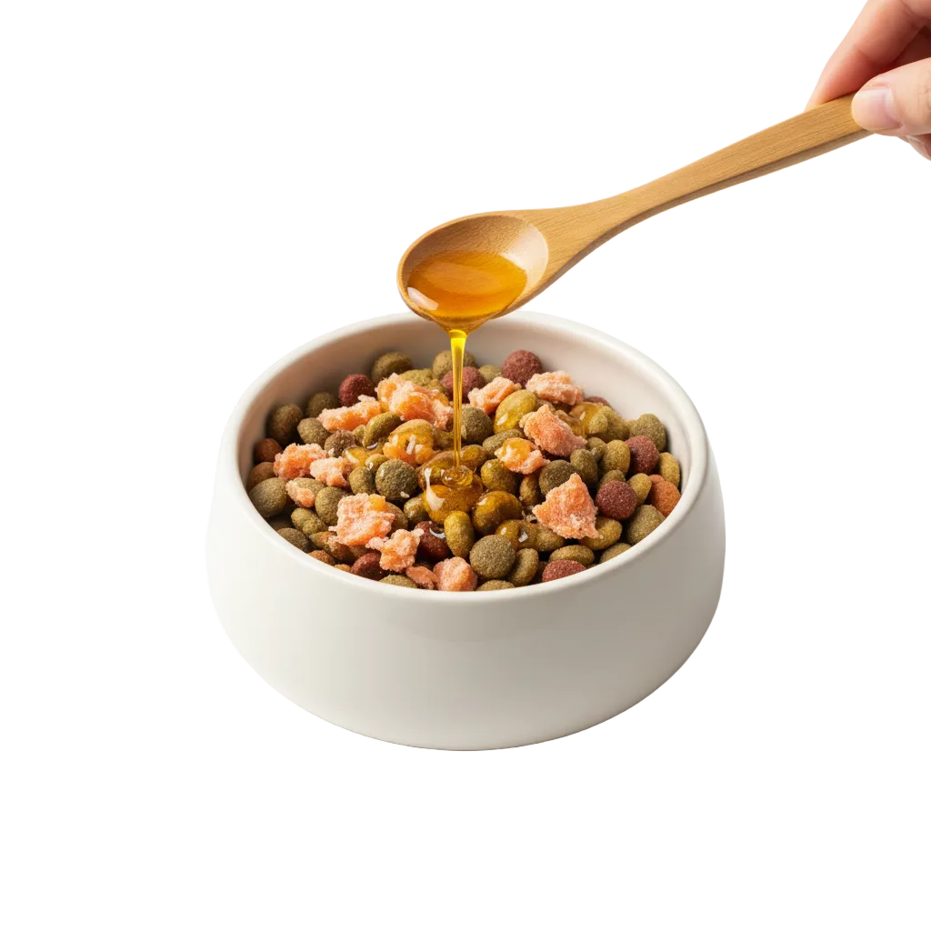 a pet bowl and a small bamboo spoon pouring salmon oil over the food in the bowl