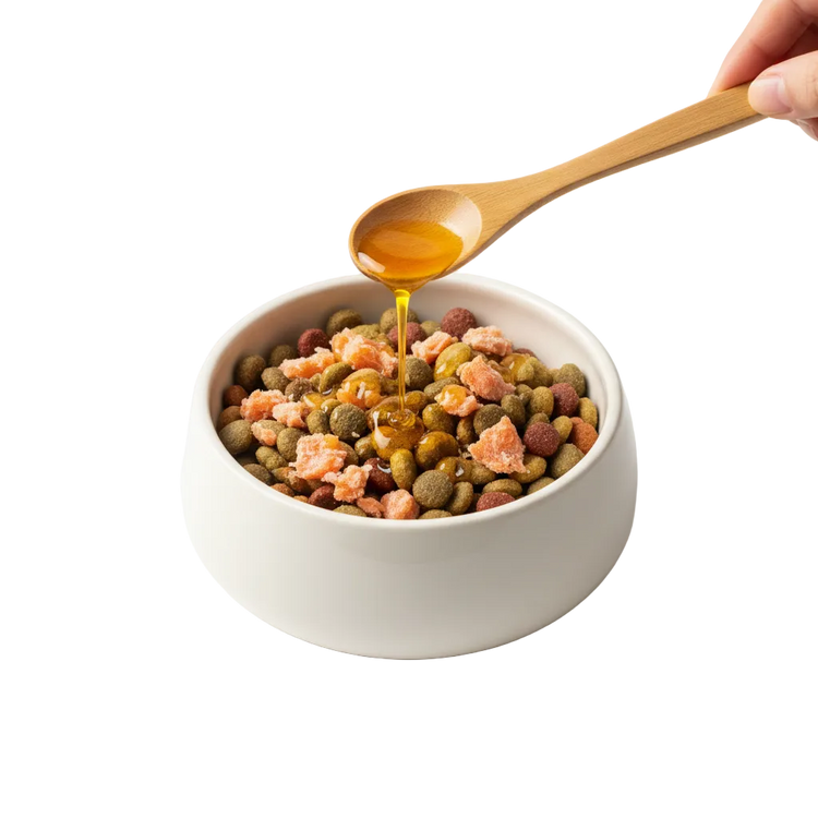 a pet bowl and a small bamboo spoon pouring salmon oil over the food in the bowl