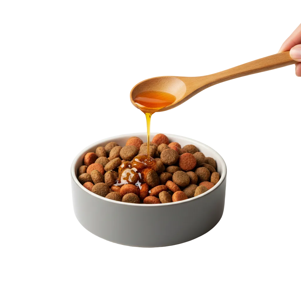 a pet bowl and a small bamboo spoon pouring salmon oil over the food in the bowl