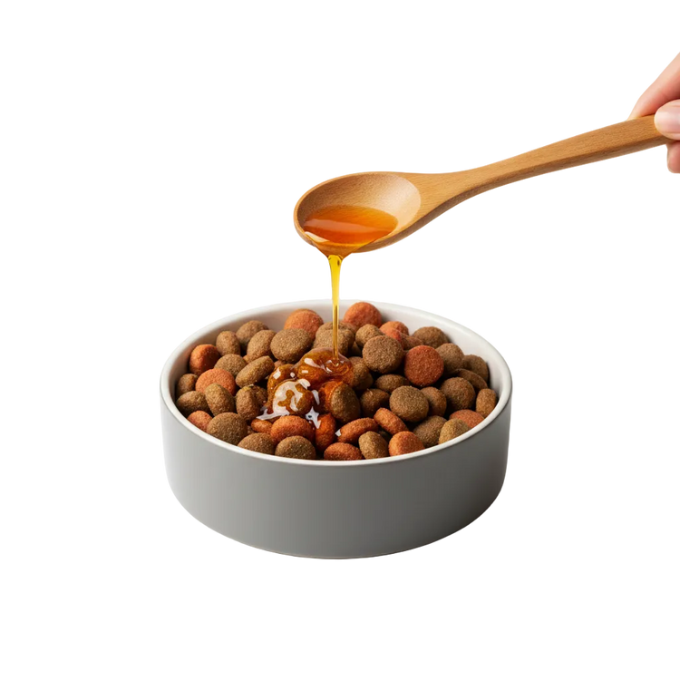 a pet bowl and a small bamboo spoon pouring salmon oil over the food in the bowl