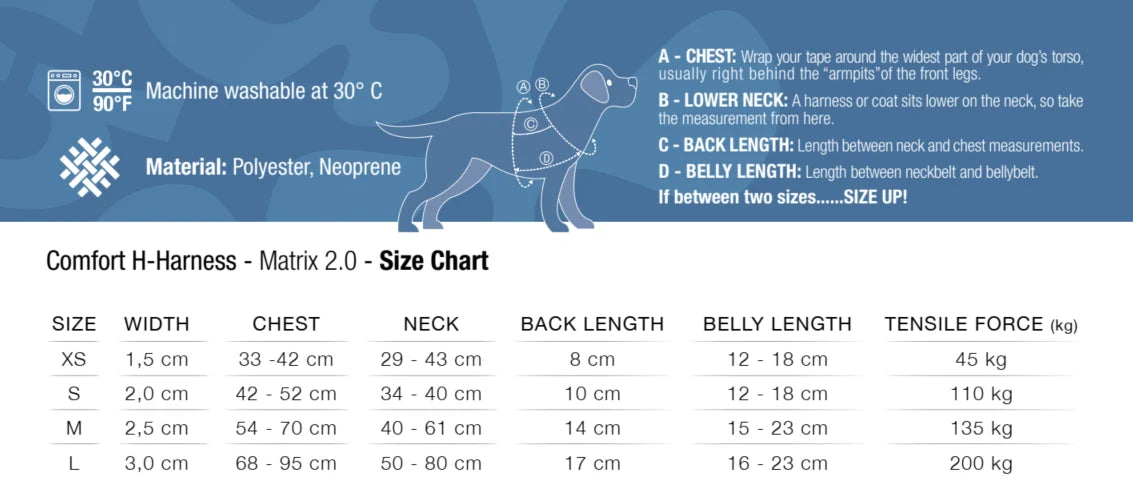 Max & Molly Matrix 2.0 Comfort H-Harness in Black Color for Dogs Size Chart