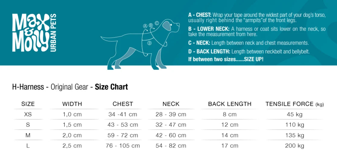Max & Molly Original H-Harness for Dogs with GOTCHA! ID Size Chart